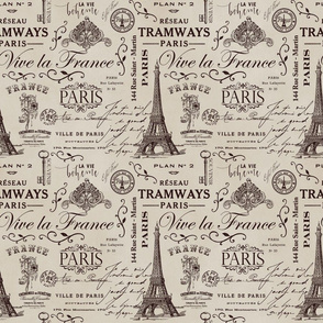 Vintage Paris Ephemera And Calligraphy Pattern Beige Smaller Scale