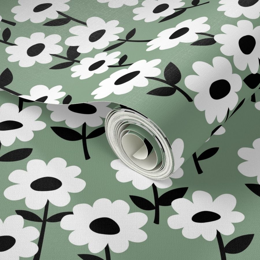 Retro Scandinavian style minimalist blossom party summer flowers sage green black and white 