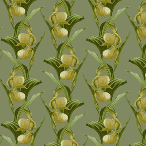 Yellow slipper orchid retro pattern
