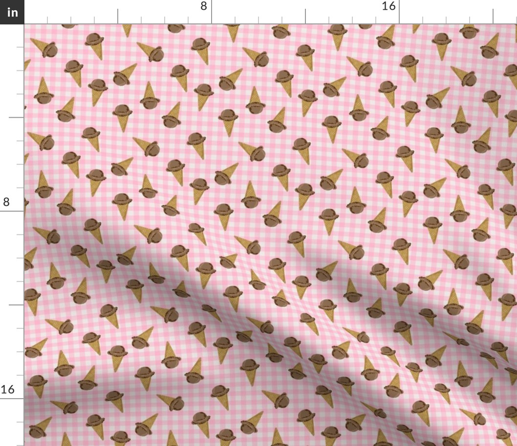 small chocolate ice cream fabric - pink gingham, cute ice cream store fabric