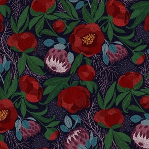 Embroidered Peony_ King Protea_ berries floral pattern moody dark blue backround