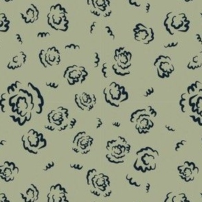 Abstract Navy Blue Hand Drawn Floral with Olive Green Backdrop