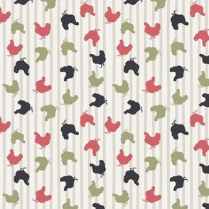 hand-drawn navy blue, coral, and sage hens on a charming striped backdrop