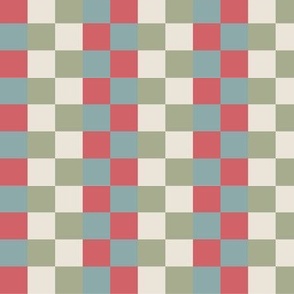 Modern Checkerboard in Blue, Green, Ivory and Coral