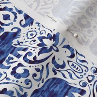 Elephant damask watercolor dark blue small scale