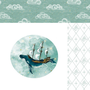 whale pillow cut n sew project, fat quarter project, tall ship, gender neutral nursery,  baby boy,  whimsical