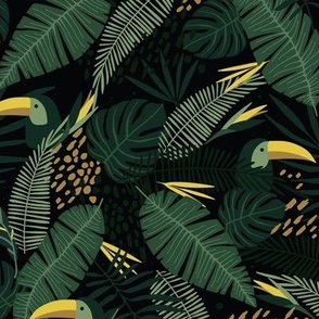 Medium Dark Green Moody tropical Hawaiian Palm Leaves  with Toucan Bird Large-scale Wallpaper