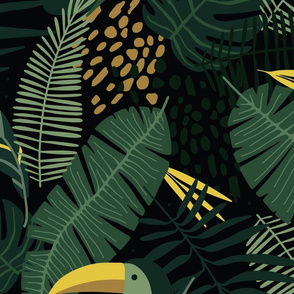 XL Dark Green Moody tropical Hawaiian Palm Leaves  with Toucan Bird Large-scale Wallpaper