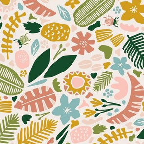 Horizontal Tropical Adventure Woodcut // Colorful Geometric Florals, Botanicals, and Bugs // Pineapple, Palm Tree, Banana Leaf, Coffee Beans, Beetles, Fronds, Garden, Escape, Citrus, Fruit