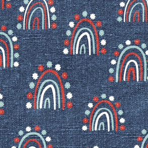 Red White Blue Daisy Rainbows Blue Linen - extra large scale