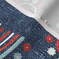 Red White Blue Daisy Rainbows Blue Linen Rotated - extra large scale