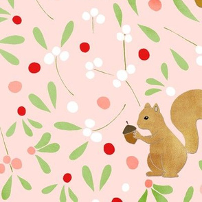 Mistletoe and Squirrels on Pink - Large