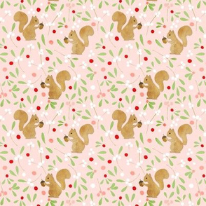 Mistletoe and Squirrels on Pink - Tiny
