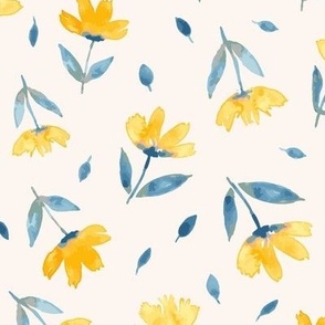 383 - pretty tossed tulips in Yellow and teal watercolour flowing florals - for kids apparel, baby accessories, Sunday best dresses and home décor