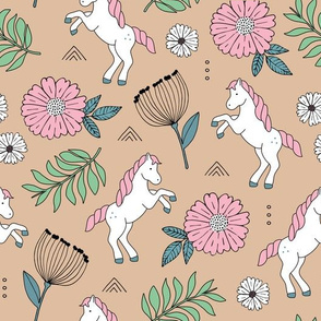 Wild horses and blossom garden summer design leaves and flowers girls beige latte mint pink 