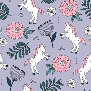 Wild horses and blossom garden summer design leaves and flowers girls lilac purple pink teal
