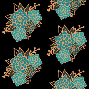 Teal and Gold Floral Bouquet on Black Backrground