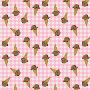 chocolate ice cream fabric - pink gingham, cute ice cream store fabric