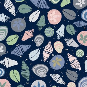 Deep Space Sea Shells:  seashells, pastels on deep blue, SMALL Scale
