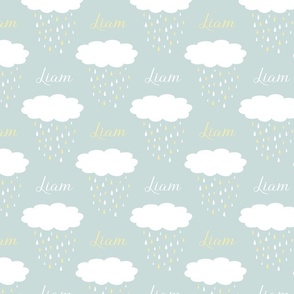 Liam baby boy name with cute white clouds on light blue
