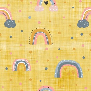 Rainbow and dots yellow linen