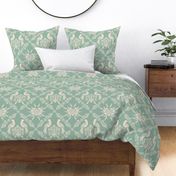 Damask Australian floral Waratah and King parrot bird, elegant traditional classic Australiana in soft green and soft apricot