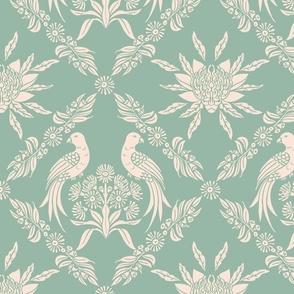 Damask Australian floral Waratah and King parrot bird, elegant traditional classic Australiana in soft green and soft apricot