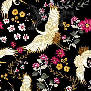 Chinoiserie Cranes on black