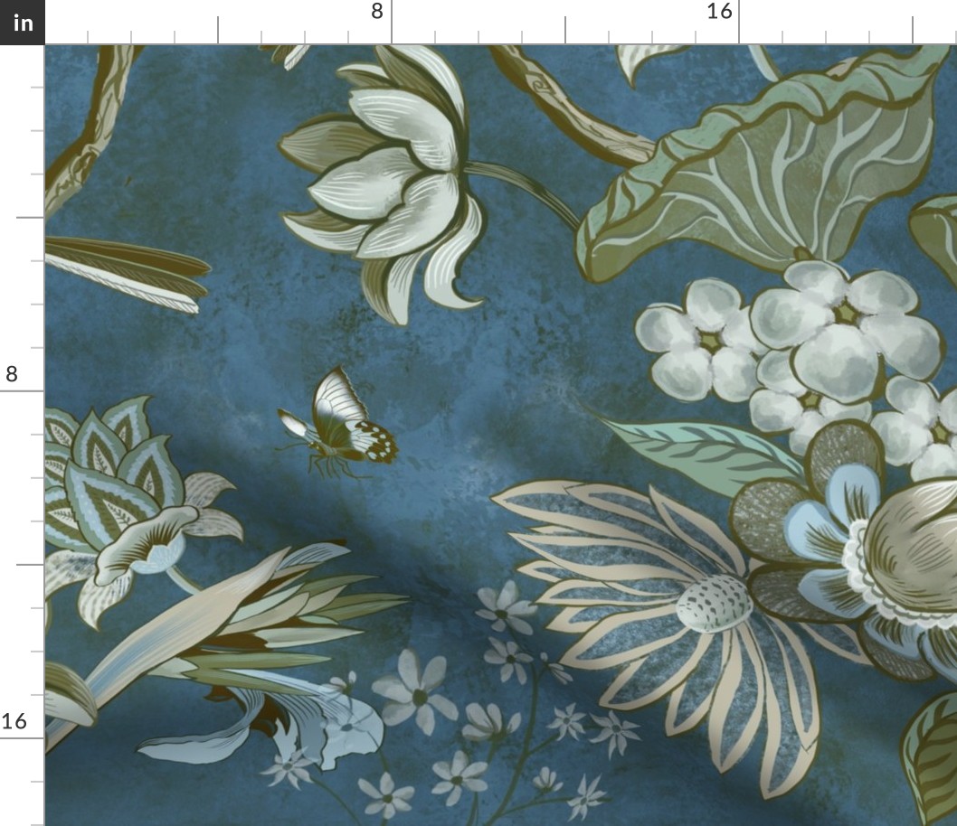 Chinoserie Peacock wallpaper fabric - Green and Blue 