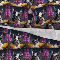 Boston terrier dog pink yellow flowers 15 x16 inches