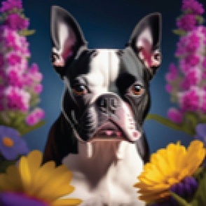 Boston terrier dog pink yellow flowers 15 x16 inches