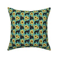 Newfoundland Dog small print Teal green, Yellow Sunflowers Dog Fabric