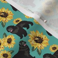 Newfoundland Dog small print Teal green, Yellow Sunflowers Dog Fabric