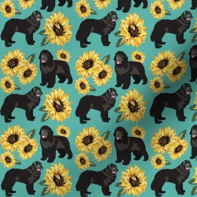 Newfoundland Dog small print Teal green, Yellow Sunflowers Dog Fabric