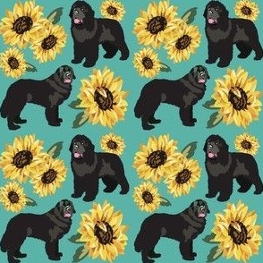 Newfoundland Dog small print Teal green, Yellow Sunflowers Dog Fabric