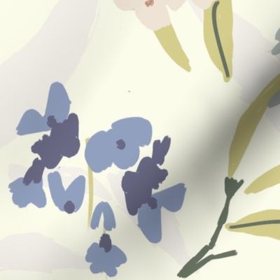 painterly flowers in lavender blue and cream, farmhouse cottage floral classic romantic style vintage inspired painterly leaves pastels farmouse style cottage core TerriConradDesigns