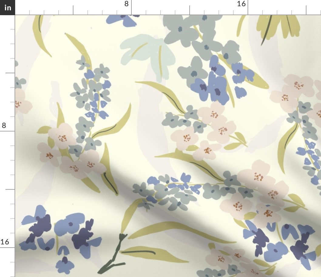 painterly flowers in lavender blue and cream, farmhouse cottage floral classic romantic style vintage inspired painterly leaves pastels farmouse style cottage core TerriConradDesigns