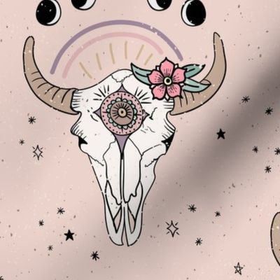 Boho Tribal Cow Skull - western, moon phases, flowers - Blush Pink - medium