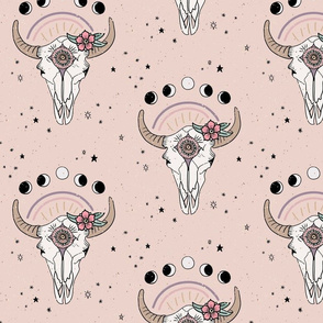 Boho Tribal Cow Skull - western, moon phases, flowers - Blush Pink - medium