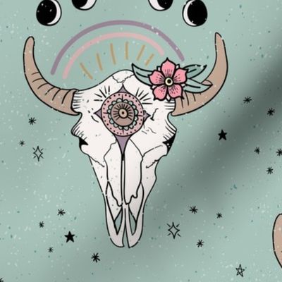 Boho Tribal Cow Skull - western, moon phases, flowers - Dusty Mint Green - medium