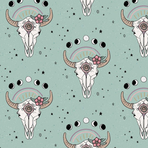Boho Tribal Cow Skull - western, moon phases, flowers - Dusty Mint Green - medium