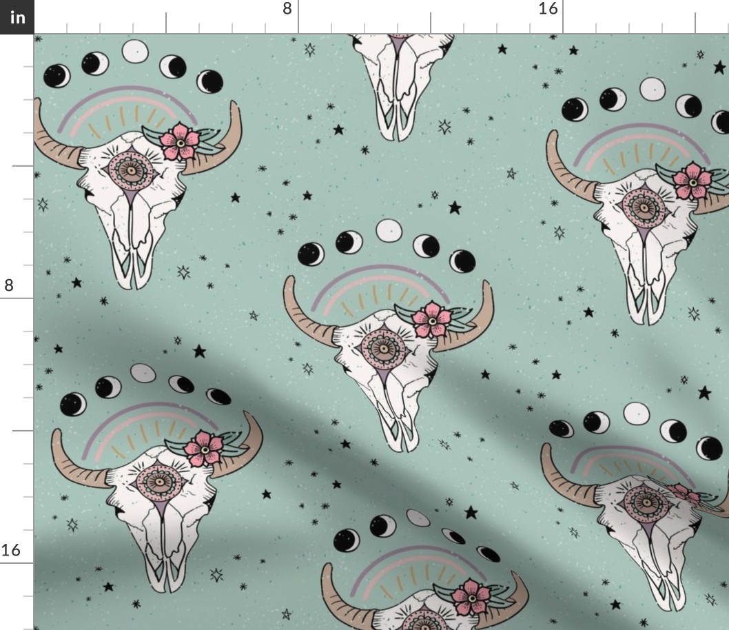 Boho Tribal Cow Skull - western, moon phases, flowers - Dusty Mint Green - medium