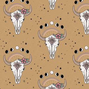 Boho Tribal Cow Skull - western, moon phases, flowers - Ochre - medium