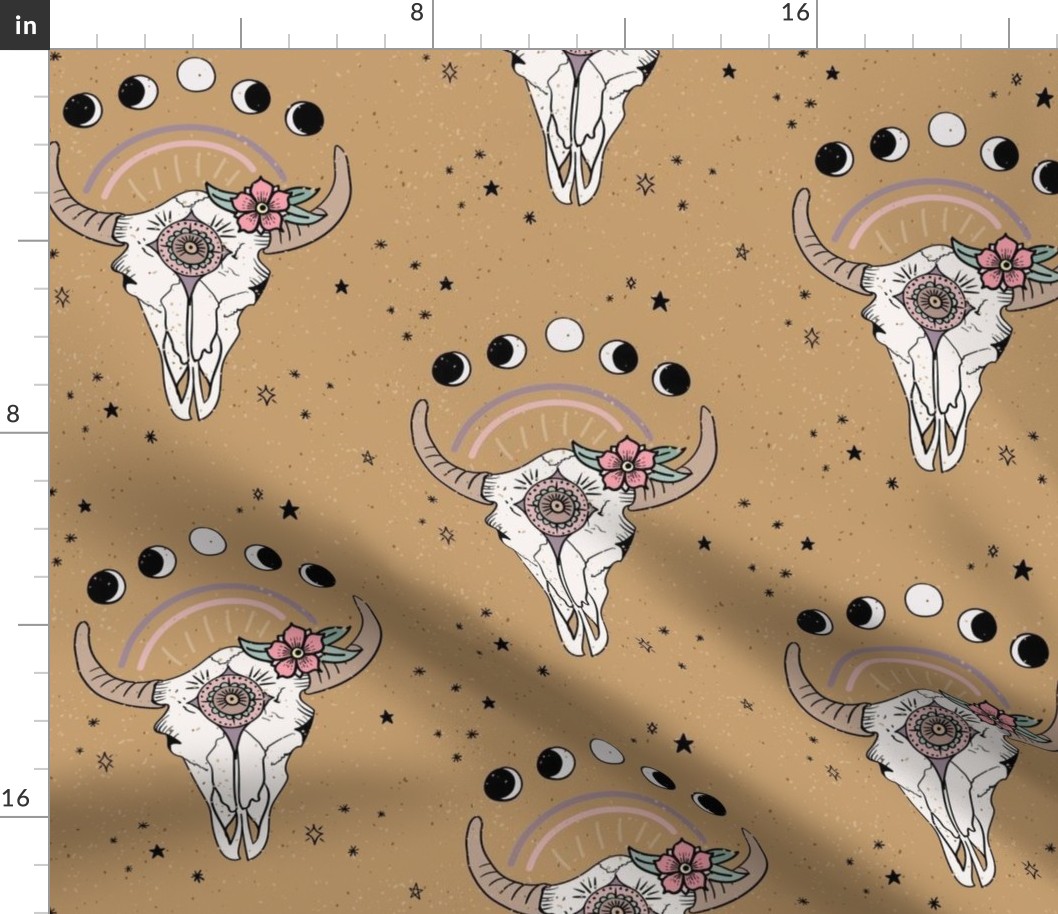 Boho Tribal Cow Skull - western, moon phases, flowers - Ochre - medium
