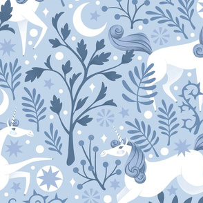 Classic Blue Monotone Unicorn Forest | SUPERSIZED (WALLPAPER)