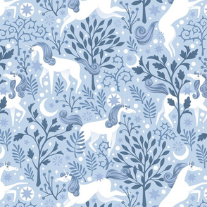 Classic Blue Monotone Unicorn Forest | LARGE