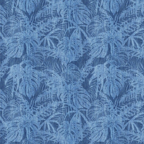 Tropical Leaf Blue Jeans Denim Design Smaller Scale
