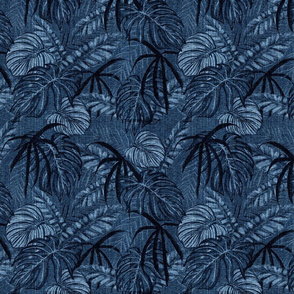 Tropical Leaf Blue Jeans Denim Smaller Scale