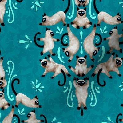 Cat Yoga Damask - dark teal - medium size 