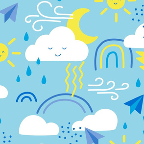 XL Cute Weather Clouds with Suns, Rainbows, Rain Drops & Lightning Bolts in Blue Yellow